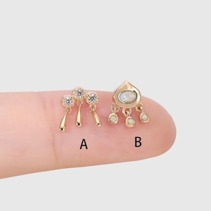 14k Solid Gold Dangle Stud Earring Dainty Earring Tiny Hanging Earring Cartilage Stud Conch Stud Helix Tragus Stud Threadless Push in Back
