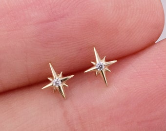 14k Solid Gold Starburst Stud Earring Tiny Star Cartilage Earring Celestial Earring Star Helix Stud Tragus Conch Earring Flat Back Earring