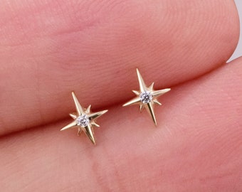 14k Solid Gold Starburst Stud Earring Tiny Star Cartilage Earring Celestial Earring Star Helix Stud Tragus Conch Earring Flat Back Earring