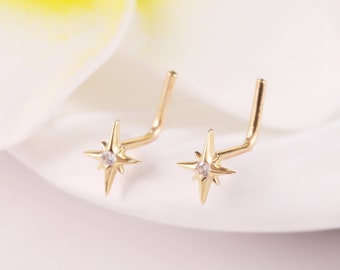 14k Solid Gold Starburst Nose Stud, L Shaped Nose Ring, Gold Nose Pin, 20g L Shape Nose Piercing, Nose Piercing Jewelry, Thin Nose Stud