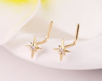 Piercing al naso a forma di stella in oro massiccio 14k, anello al naso a forma di L, perno al naso in oro, piercing al naso a forma di L da 20 g, gioielli per piercing al naso, piercing al naso sottile