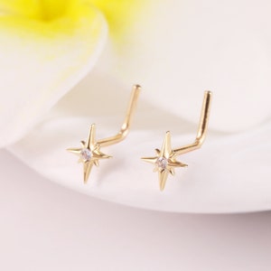 14k Solid Gold Starburst Nose Stud, L Shaped Nose Ring, Gold Nose Pin, 20g L Shape Nose Piercing, Nose Piercing Jewelry, Thin Nose Stud