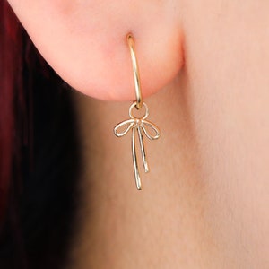 14K Solid Gold Bow-Knot Hoop Charm Bow Cartilage Hoop Charm Minimalist Helix Hoop Charm Tragus Rook Hoop Charm Dangle Dangle Bow Pendant
