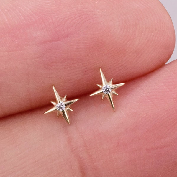 14k Solid Gold Starburst Stud Earring Tiny Star Cartilage Earring Celestial Earring Star Helix Stud Tragus Conch Earring Flat Back Earring