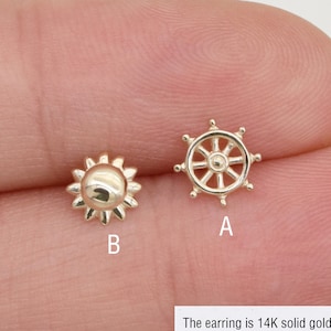14k Solid Gold Sun Cartilage Stud Earring Tiny Ship Wheel Stud Earring Cute Conch Stud Helix Stud Tragus Stud Labret Stud Flat Back Earring