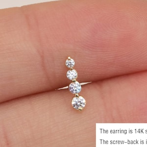 14k Solid Gold Climber Stones Tragus Stud Earring Dainty Four Clear Stones Cartilage Stud Conch Stud Helix Stud Labret Stud Flat Screw Back