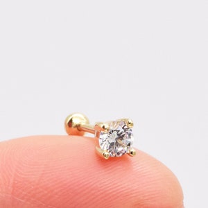 14k Solid Gold Solitaire Earring Clear Stone Helix Stud Cartilage Daith Conch Earring Lobe Stud Earring Screw Ball Back Piercing Jewelry 18g