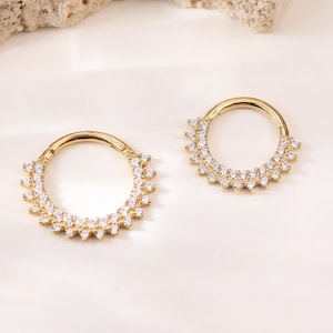 14k Solid Gold Septum Ring Nose Ring Pave Diamond Tragus Helix Cartilage Daith Conch Ring Seamless Hinged Nose Piercing Jewelry 16g