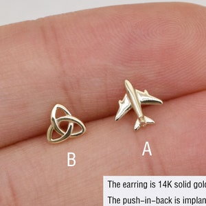 14k Solid Gold Tiny Trinity Love Knot Stud Earring Cute Plane Cartilage Stud Conch Stud Helix Stud Tragus Stud Labret Stud Flat Push in Back