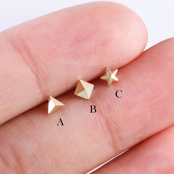 14K Solid Gold Pyramid Cartilage Earring, Star Helix Stud, Triangle Tragus Stud, Conch Earring, Threadless Push In Labret, Flat Back Earring