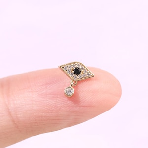 14K Solid Gold Evil Eye Cartilage Piercing Dangle Helix Stud Drop Conch Jewellry Tragus Earring Dangle Flat Back Earring Threadless Stud