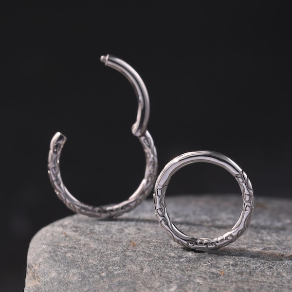 14K Solid White Gold Delicate Pattern Daith Hoop Clicker Gold Septum Ring Cartilage Hoop Clicker Embossed Textured Helix Conch Hoop 16g