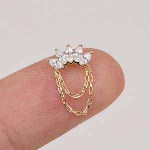 14k Solid Gold Double Chain Crown Cartilage Stud Dangle Chain Stud Conch Earring Helix Stud Tragus Stud Flat Back Earring