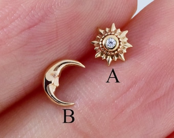 Moon&Star Earring, 14K Solid Gold Crescent Stud, Gold Starburst Piercing, Threadless Flat Back Earring, Nose Stud 20g