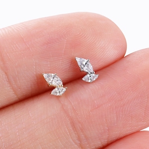 14K Solid Gold White Gold Leaf Stud Earring, Cluster Stud Earring, Marquise Helix Stud, Conch Earring, Tragus Piercing, Flat Back Earring