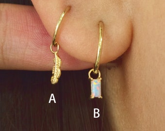 14K Solid Gold Dangle Feather Hoop Charm Baguette Opal Cartilage Hoop Charm Daith Helix Hoop Charm Rook Hoop Charm Opal Clicker Charm