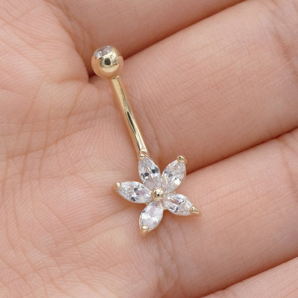 14k Solid Gold flower Belly Button Ring Navel Piercing Marquise stone flower Navel Belly Ring Barbell Piercing Jewelry 14g