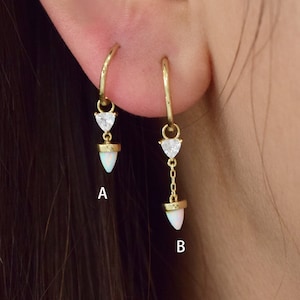 14K Solid Gold Opal Spike Cartilage Hoop Charm Dangle Opal Tragus Rook Hoop Charm Bezel Huggie Charm Daith Helix Hoop Charm Spike Hoop Charm