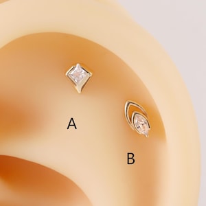 14k Solid Gold Pear Shape Stud Earring Unique Rhombus Earring Teardrop Helix Stud Conch Tragus Earring Flat Back Earring Threadless Push Pin