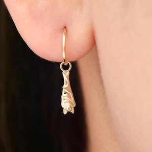 14K Solid Gold Hanging Bat Charm, Gold Necklace Pendant, Animal Cartilage Earring Charm, Connector Earring Charm Gift For Halloween Gothic