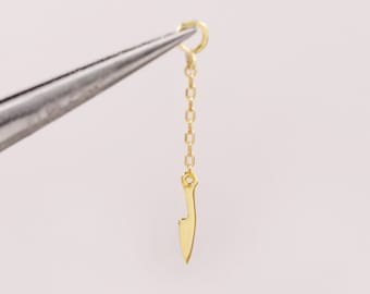 14K Solid Gold Dangle Knife Hoop Charm, Gold Cartilage Hoop Charm, Dangle Chain Helix Charm, Conch Clicker Charm Earring, Tiny Knife Charm