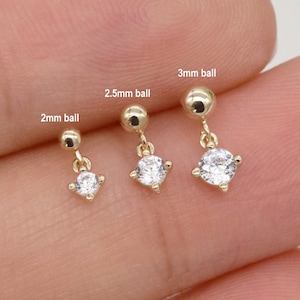 14k Solid Gold Ball Dangle Stud Earring Dainty Clear Stone Drop Stud Cartilage Stud Conch Stud Helix Stud Tragus Stud Earring Push in Back