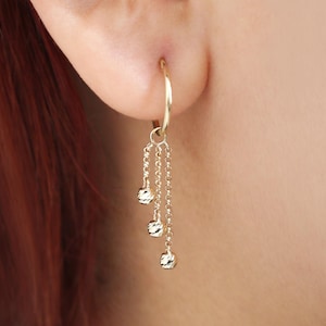 14K Solid Gold Dangling Threaded Ball Chain Charm, Dangle Triple Chain, Rook Hoop Charm, Huggie Triple Chain Charm, Helix Hoop Charm