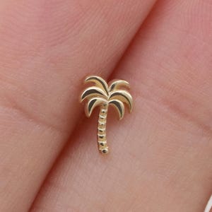 14k Solid Gold Palm Tree Helix Stud Earring Delicate Tree Internally Threaded Cartilage Lobe Conch Tragus Titanium Screw Flat Back Stud