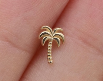 14k Solid Gold Palm Tree Helix Stud Earring Delicate Tree Internally Threaded Cartilage Lobe Conch Tragus Titanium Screw Flat Back Stud
