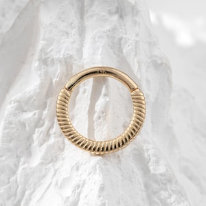 14k Solid Gold Carved Septum Ring with Pattern Daith Hoop Clicker Cartilage Ring Tragus Clicker Textured Helix Hoop Gift For Her 16g 8mm