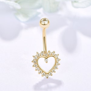 14k ソリッド ゴールド 14g ハート型 へそリング へそピアス CZ ストーン ねじ付きへそ へそリング バーベル ピアス ジュエリー