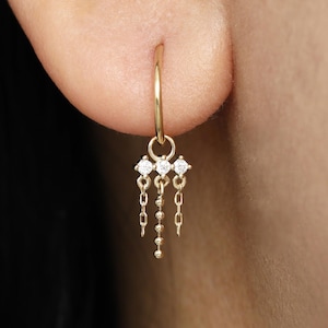 14K Solid Gold Triple Dangle Chain Charm Drop Bead Chain Charm Helix Conch Charm Dangling Chains  Earring Attachment Clicker Earring Add-on