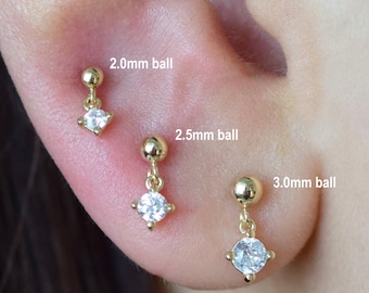 14k Solid Gold Ball Dangle Stud Earring Dainty Clear Stone Drop Stud Cartilage Stud Conch Stud Helix Stud Tragus Stud Earring Push in Back
