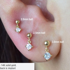 14k Solid Gold Ball Dangle Stud Earring Dainty Clear Stone Drop Stud Cartilage Stud Conch Stud Helix Stud Tragus Stud Earring Push in Back