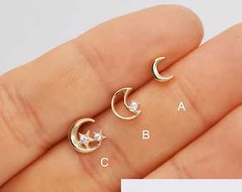 Pendiente de botón de oro macizo de 14 k con forma de luna y cartílago, pendiente de caracol, pendiente de botón pequeño, pendiente de hélice, pendiente de trago, pendiente a presión en la parte posterior.