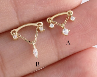 14K Solid Gold Threadless Dangle Piercing, Drop Earrings, Dangle Earrings, Tragus Stud, Helix Chain Stud, Conch Earring, Flat Back Earring