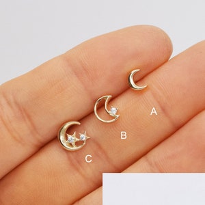 14k Solid gold Moon Dainty Cartilage Gold Stud Earring Conch Earring Tiny Stud Earring Helix Stud Tragus Stud Push in back