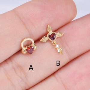 14k Solid Gold Heart Shape Stud Earring Moving Earring Dangle Chain Piercing Helix Stud Dainty Daith Earring Drop Stud Red Stone Earring