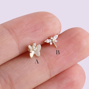 14K Solid Gold Dragonfly Cartilage Piercing, Butterfly Earring, Threadless Push In Labret Stud, Helix Stud, Conch Earring, Flat Back Earring