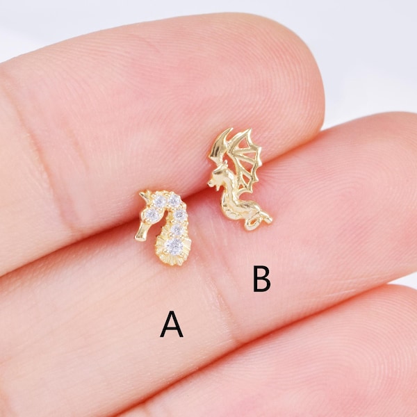 Pendiente de oro macizo de 14k con diseño de dragón y unicornio, pendiente tipo hélice, pendiente tipo tragus sin rosca, pendiente tipo concha, pendiente tipo labret de cierre plano.