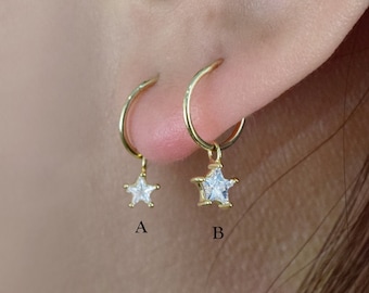 14K Solid Gold Pave Mini Star Huggie Charm Mini Star Charm Hoop Daith Helix Tragus Conch Rook Hoop Ear Ring Charm Star Pendant Gift for her