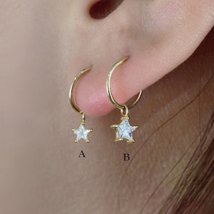 14K Solid Gold Pave Mini Star Huggie Charm Mini Star Charm Hoop Daith Helix Tragus Conch Rook Hoop Ear Ring Charm Star Pendant Gift for her