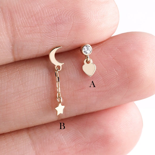 14K massief gouden maansikkel met ster bungelketting, gouden hangoorknop, maanhelix, conch tragus platte achterkant oorbel