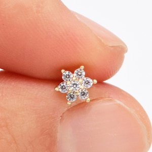 14k Solid Gold Flower Stud Earring Helix Stud Cartilage Earring Conch Earring Lobe Stud Earring Screw Ball Back Piercing Jewelry 18g