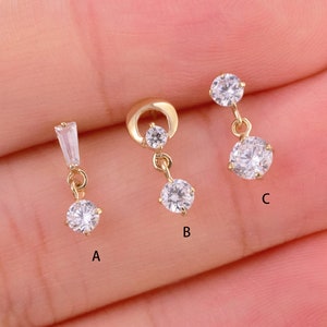 14k Solid Gold Baguette With CZ Dangle Piercing Cartilage Forward Helix Tragus Conch Minimalist Drop Cz Dangle Earring Flat Back Earring 20g