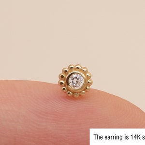 14k Solid Gold Sunflower Stud Earring Dainty Internally Threaded Cartilage Stud Conch Earring Helix Tragus Stud Labret Stud Flat Screw Back