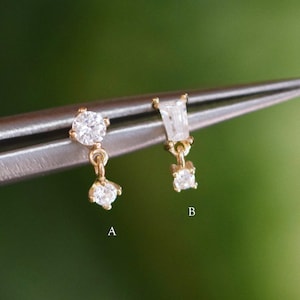 Pendiente colgante de oro macizo de 14 k, pendiente con dije delicado, pendiente colgante pequeño, pendiente para cartílago, pendiente con forma de caracol, pendiente para hélix, pendiente para trago, pendiente a presión en la parte posterior