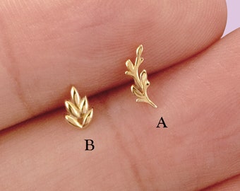 14K Solid Gold Olive Leaf Stud Earring Branch Cartilage Earring Tiny Leaves Helix Stud Conch Earring Leaf Tragus Stud Flat Back Earring