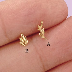 14K Solid Gold Olive Leaf Stud Earring Branch Cartilage Earring Tiny Leaves Helix Stud Conch Earring Leaf Tragus Stud Flat Back Earring