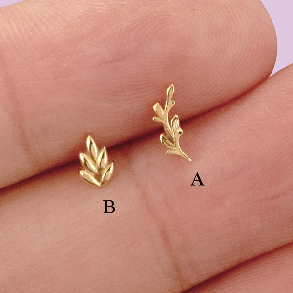 14K Solid Gold Olive Leaf Stud Earring Branch Cartilage Earring Tiny Leaves Helix Stud Conch Earring Leaf Tragus Stud Flat Back Earring 20g